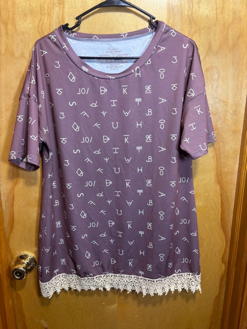 Crazy Train Mauve Purple Short Sleeve Tee with Brands and Cream Lace Trim